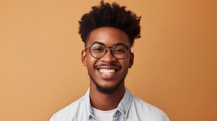 Obraz premium A man with glasses is smiling and looking at the camera. He is wearing a blue shirt and white shirt underneath