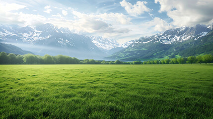 Obraz premium An illustration of a green field shows a peaceful and serene landscape. A field stretches vastly, with lush, undulating grass beneath a clear blue sky.