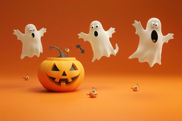 Halloween-themed composition featuring playful ghosts and a funny pumpkin against a vibrant orange background