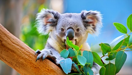Fototapeta premium Koala Bear Sit On The Branch of the tree and eat leaves , generated by AI. High quality photo