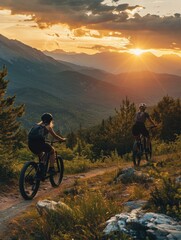 Fototapeta premium Two people are riding bikes on a trail in the mountains. The sun is setting, casting a warm glow over the landscape. Scene is peaceful and serene, as the riders enjoy the beauty of nature