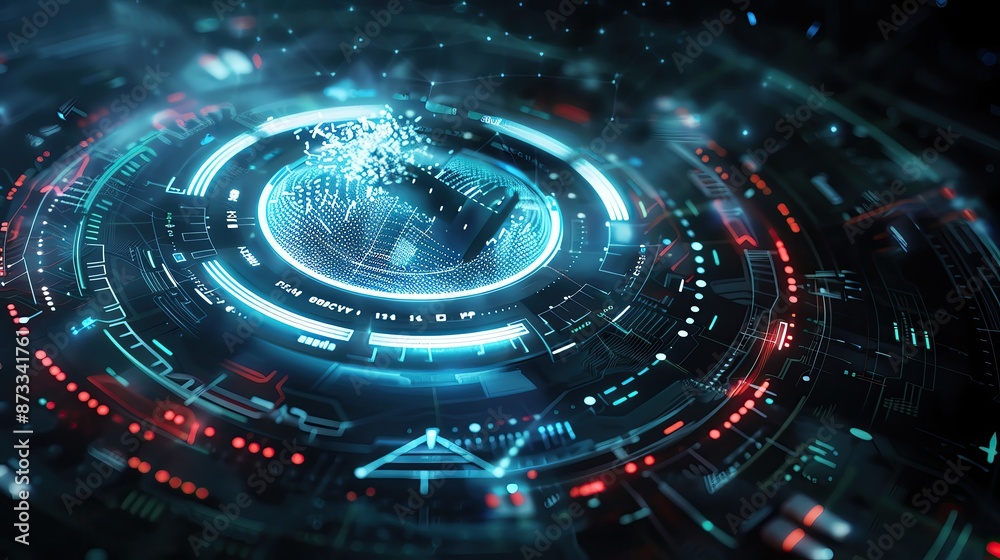 Poster futuristic interface with glowing holographic elements and data visualizations in a high-tech digita