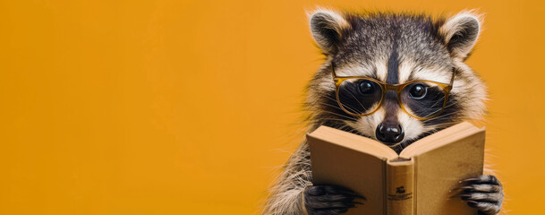 A raccoon wearing glasses, reading a book against an orange background, creating a whimsical and intelligent look.