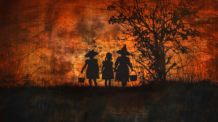 The silhouette of three children siblings going trick-or-treating artistic banner design zoomed out