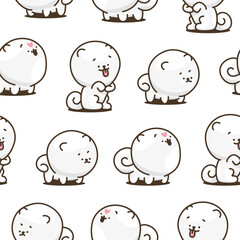Cute kawaii pomeranian dog. Seamless pattern. Cartoon character. Vector drawing. Design ornaments.