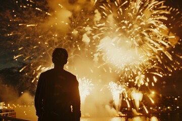 A person silhouetted against a dazzling fireworks display, watching the golden explosions light up the night sky.