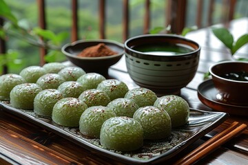 Mochi matcha served with a side of red bean paste and a pot of green tea, captured in a traditional Japanese tea house. mochi matcha, Matcha dessert, Matcha sweets, matcha candy