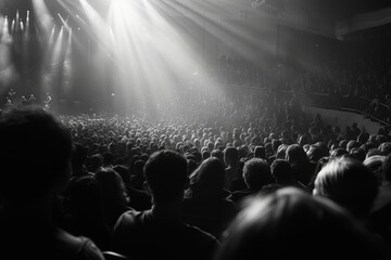 A packed concert venue with dramatic stage lighting illuminating a sea of silhouetted spectators, creating an atmospheric black and white scene.