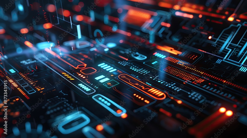 Poster futuristic digital interface with complex algorithms and neon lights, representing technology and in