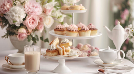 Beautifully Decorated High Tea Table with Fresh Pastries Flowers