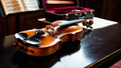 Classical Violin on a Music Stand with Sheet Music