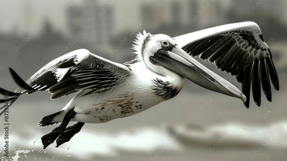 Wall mural a monochrome depiction of a pelican with its wings fully extended and beak agape