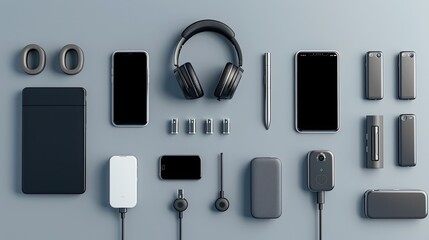 Modern electronics - two smartphones, tablet, wireless headphones, stylus, power bank, accessories - neatly arranged on grey surface in sleek flat lay design
