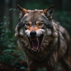 Fototapeta premium A closeup of a wolf in a forest, with its mouth wide open, displaying features like its head, eyes, carnivorous nature, and whiskers amid grass surroundings