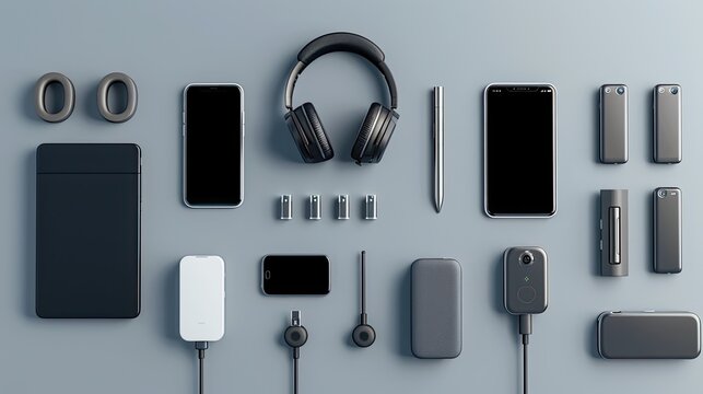 Modern electronics - two smartphones, tablet, wireless headphones, stylus, power bank, accessories - neatly arranged on grey surface in sleek flat lay design