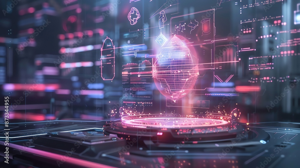 Poster futuristic digital interface with holographic technology, artificial intelligence, and data visualiz