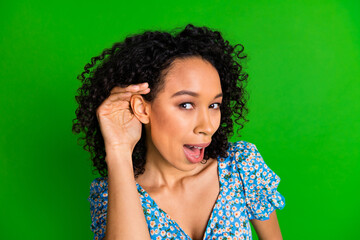 Photo of funny good mood lady wear blue blouse arm mouth listening you empty space isolated green...