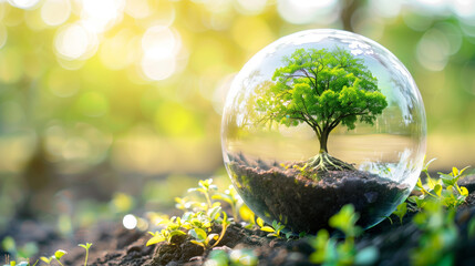 A green tree encapsulated within a delicate bubble floats weightlessly, its vibrant leaves shimmering with refracted light, creating a surreal and enchanting spectacle of nature's resilience.