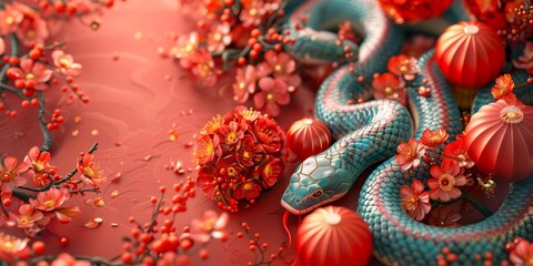 Serpent Surrounded by Blossoms and Lanterns in a Vibrant Spring Scene