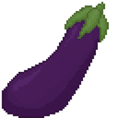 A retro-styled pixel-art illustration of a purple eggplant with a green leafy top.