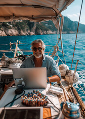Senior guy working online during sailing around Greece islands on his boat.