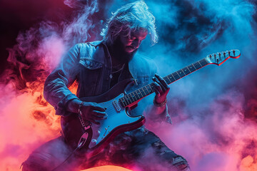 Obraz premium Guitarist caught in an intense moment with vibrant smoke and stage lights surrounding them