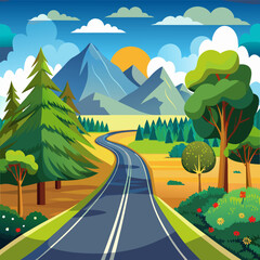 A illustration of a road with a picture of a road and trees