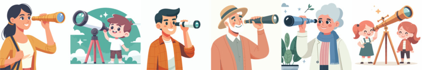 vector set of people standing and looking using a telescope