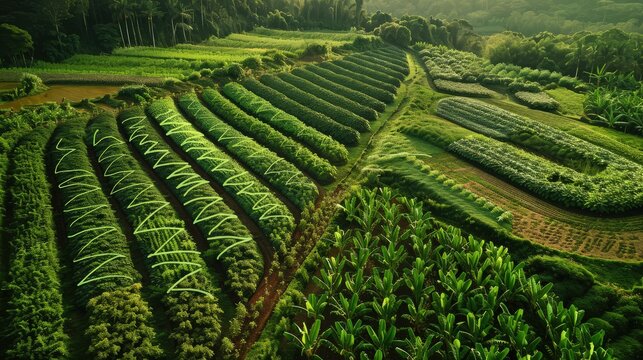 An aerial view of a lush field with different crops forming a sharply ascending line graph pattern, set in a natural landscape.