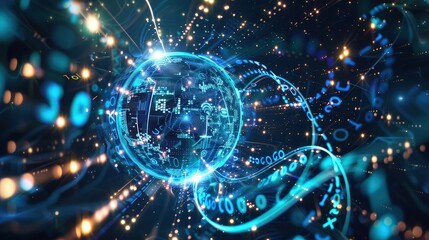 An AI concept illustration showing a digital sphere surrounded by swirling data particles and binary streams, creating a high-tech atmosphere.