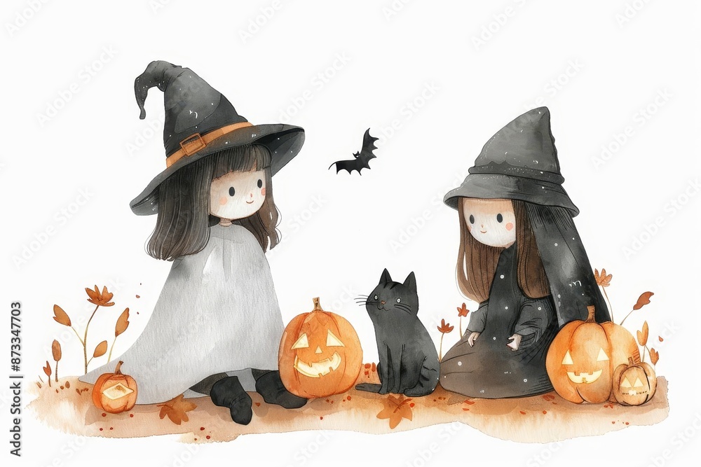 Wall mural a detailed handdrawn watercolor scene of a little witch practicing magic with a friendly ghost and a