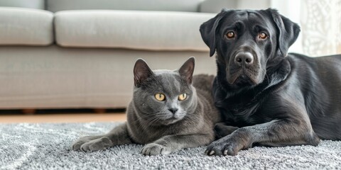 Golden retriever and gray cat lying on a carpet in a cozy living room, showing a bond of friendship.