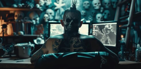 Fototapeta premium Man Wearing Skull Makeup Sitting at Computer in Dark Room