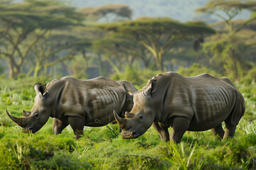 Fototapeta premium Two White Rhinos Graze in a Lush African Meadow