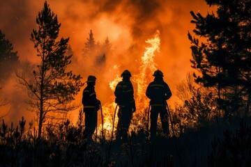 Fototapeta premium Silhouettes of three firemen view from behind with fire in forest as background. First responders at wildfire in action. 