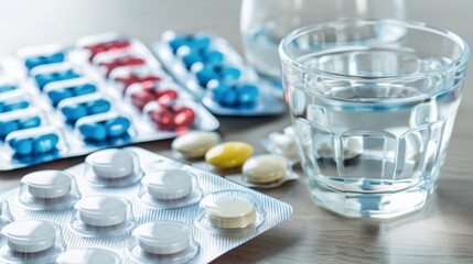 Assorted Medication Pills and Capsules with Water Glass on Table