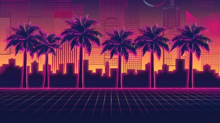 Fototapeta premium Surreal Retro-Futurism Cityscape with Neon Palms