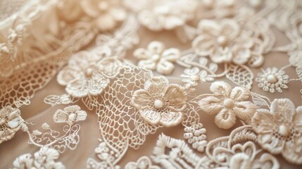 A close-up of lace applique on a piece of fabric, emphasizing the delicate patterns and fine details created by skilled artisans.