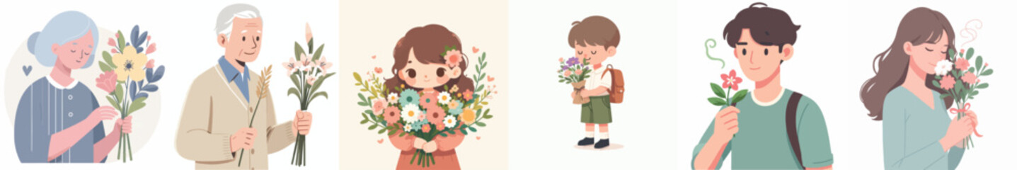 vector set of Little boy holding flowers with fragrant smell