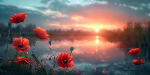 Obraz premium Serene Sunset Over Lake with Vibrant Poppies