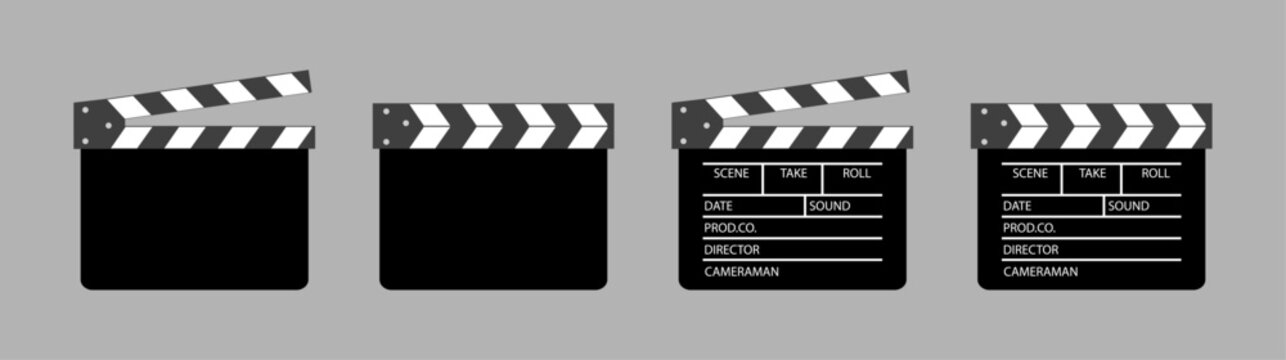 Clapper board vector icon set. Opened and closed movie clapper film clap board. Movie, cinema, film symbol concept. Director clapboard. Filmmaking, video production industry equipment. Vector icon.