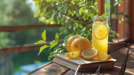 Fototapeta premium Refreshing lemonade and books on a wooden veranda with lush greenery in the background.