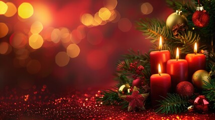 Christmas tree and candles with festive decorations, creating a warm holiday scene.