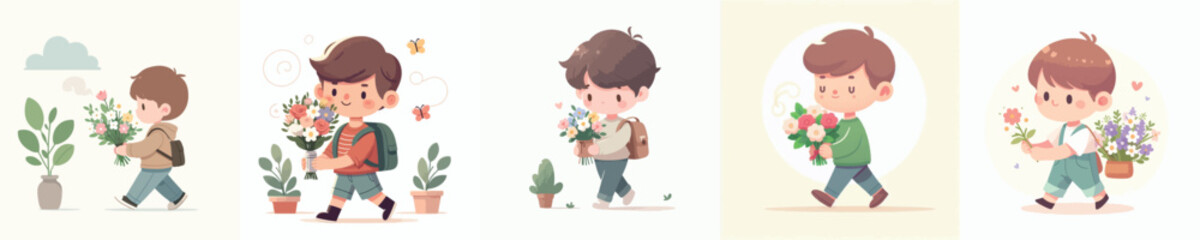 vector set of kids holding flowers with fragrant smell