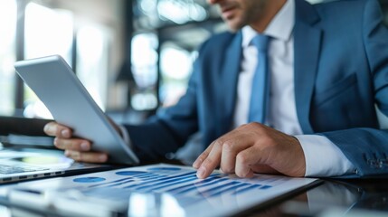 Businessman analyzing financial data on digital tablet with charts and graphs