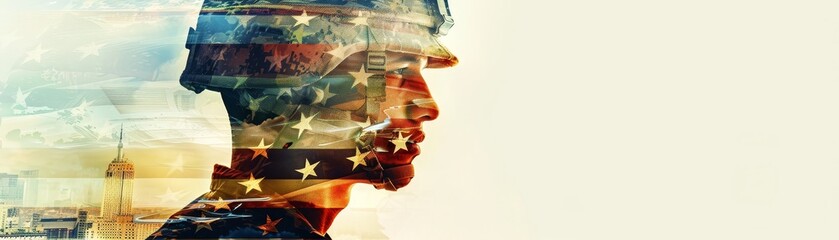 Powerful and dynamic double exposure artwork depicting a gallant U.S. service member,respected stars and stripes,conveying the nation's fortitude and enduring spirit of freedom,honor,and sacrifice. - 