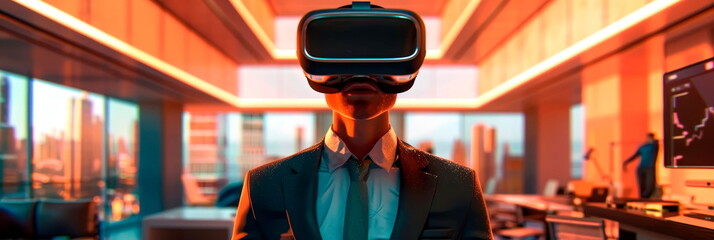Businessman wearing VR goggles, interacting with a 3D virtual conference room, with avatars of colleagues.