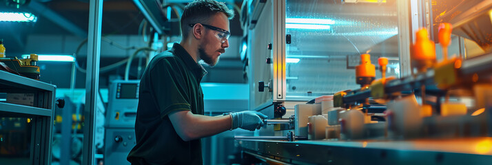 An injection molding machine churning out plastic components, with a technician monitoring the gauges and controls