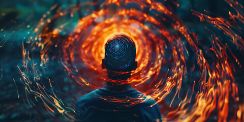 A person trapped in a never-ending cycle of thoughts, represented by swirling patterns and colors.