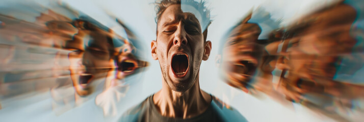A person surrounded by voices, representing auditory hallucinations in schizophrenia.